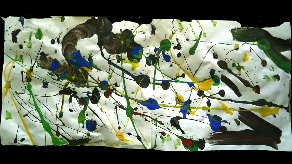 Group-work of three girls of 11 years of age, inspired by the technique of dripping of the painter J. Pollock (and realized in a private school in Athens, 2013). Movement of the body + space + surface: the emotional memory of the gesture in colors.